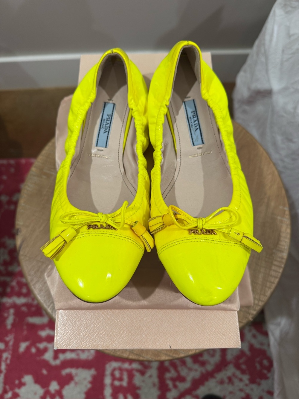 Authentic PRADA Neon Yellow Patent Leather Bow Tassel Scrunch Ballet Flats